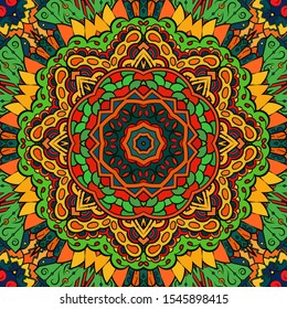 Seamless tracery tile mehndi design. Ethnic ornament, colorful doodle symmetry texture. Folk traditional spiritual tribal design. Curved doodling motif. Color art. Vector