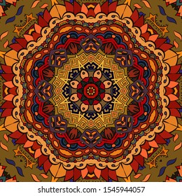 Seamless tracery tile mehndi design. Ethnic ornament, colorful doodle symmetry texture. Folk traditional spiritual tribal design. Curved doodling motif. Color art. Vector