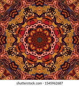 Seamless tracery tile mehndi design. Ethnic ornament, colorful doodle symmetry texture. Folk traditional spiritual tribal design. Curved doodling motif. Color art. Vector