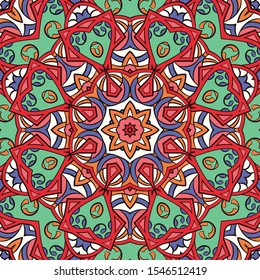 Seamless tracery tile mehndi design. Ethnic ornament, colorful doodle symmetry texture. Folk traditional spiritual tribal design. Curved doodling motif. Color art. Vector