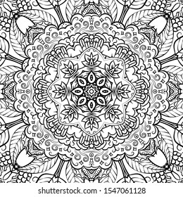 Seamless tracery tile mehndi design. Ethnic ornament, doodle symmetry texture. Folk traditional spiritual tribal design. Curved doodling motif. Binary monochrome black and white art. Vector