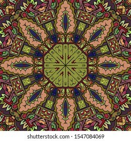 Seamless tracery tile mehndi design. Ethnic ornament, colorful doodle symmetry texture. Folk traditional spiritual tribal design. Curved doodling motif. Color art. Vector