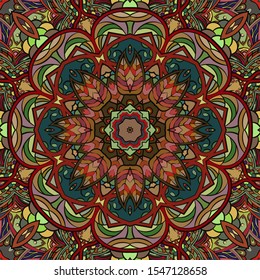 Seamless tracery tile mehndi design. Ethnic ornament, colorful doodle symmetry texture. Folk traditional spiritual tribal design. Curved doodling motif. Color art. Vector