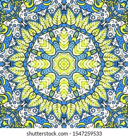 Seamless tracery tile mehndi design. Ethnic ornament, colorful doodle symmetry texture. Folk traditional spiritual tribal design. Curved doodling motif. Color art. Vector