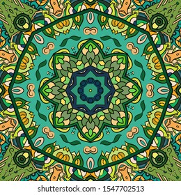 Seamless tracery tile mehndi design. Ethnic ornament, colorful doodle symmetry texture. Folk traditional spiritual tribal design. Curved doodling motif. Color art. Vector