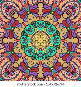 Seamless tracery tile mehndi design. Ethnic ornament, colorful doodle symmetry texture. Folk traditional spiritual tribal design. Curved doodling motif. Color art. Vector