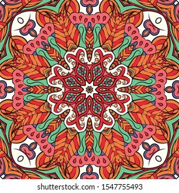 Seamless tracery tile mehndi design. Ethnic ornament, colorful doodle symmetry texture. Folk traditional spiritual tribal design. Curved doodling motif. Color art. Vector