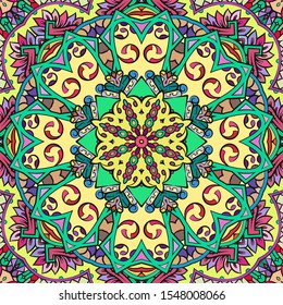 Seamless tracery tile mehndi design. Ethnic ornament, colorful doodle symmetry texture. Folk traditional spiritual tribal design. Curved doodling motif. Color art. Vector