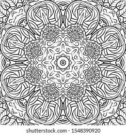 Seamless tracery tile mehndi design. Ethnic ornament, doodle symmetry texture. Folk traditional spiritual tribal design. Curved doodling motif. Binary monochrome black and white art. Vector