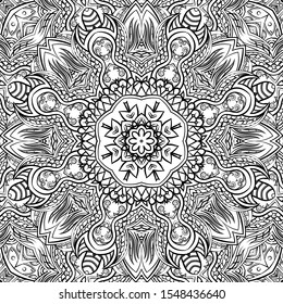 Seamless tracery tile mehndi design. Ethnic ornament, doodle symmetry texture. Folk traditional spiritual tribal design. Curved doodling motif. Binary monochrome black and white art. Vector