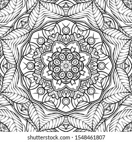 Seamless tracery tile mehndi design. Ethnic ornament, doodle symmetry texture. Folk traditional spiritual tribal design. Curved doodling motif. Binary monochrome black and white art. Vector