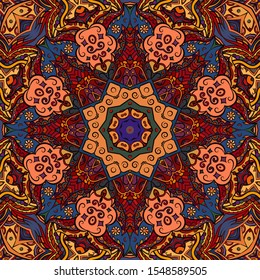 Seamless tracery tile mehndi design. Ethnic ornament, colorful doodle symmetry texture. Folk traditional spiritual tribal design. Curved doodling motif. Color art. Vector