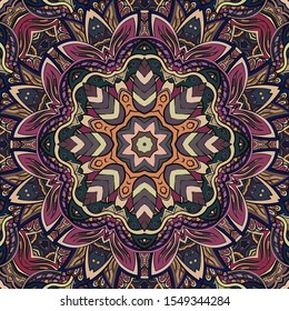 Seamless tracery tile mehndi design. Ethnic ornament, colorful doodle symmetry texture. Folk traditional spiritual tribal design. Curved doodling motif. Color art. Vector