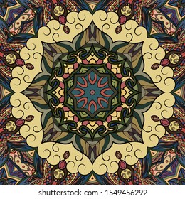 Seamless tracery tile mehndi design. Ethnic ornament, colorful doodle symmetry texture. Folk traditional spiritual tribal design. Curved doodling motif. Color art. Vector