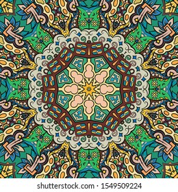 Seamless tracery tile mehndi design. Ethnic ornament, colorful doodle symmetry texture. Folk traditional spiritual tribal design. Curved doodling motif. Color art. Vector