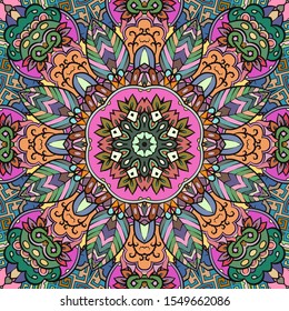 Seamless tracery tile mehndi design. Ethnic ornament, colorful doodle symmetry texture. Folk traditional spiritual tribal design. Curved doodling motif. Color art. Vector
