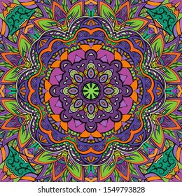 Seamless tracery tile mehndi design. Ethnic ornament, colorful doodle symmetry texture. Folk traditional spiritual tribal design. Curved doodling motif. Color art. Vector