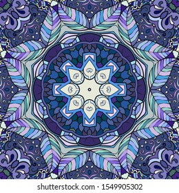 Seamless tracery tile mehndi design. Ethnic ornament, colorful doodle symmetry texture. Folk traditional spiritual tribal design. Curved doodling motif. Color art. Vector