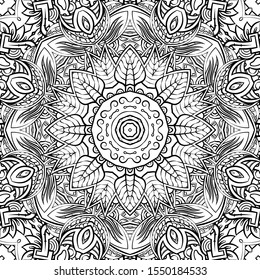 Seamless tracery tile mehndi design. Ethnic ornament, doodle symmetry texture. Folk traditional spiritual tribal design. Curved doodling motif. Binary monochrome black and white art. Vector