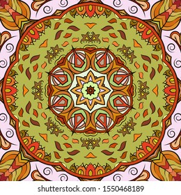 Seamless tracery tile mehndi design. Ethnic ornament, colorful doodle symmetry texture. Folk traditional spiritual tribal design. Curved doodling motif. Color art. Vector