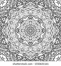 Seamless tracery tile mehndi design. Ethnic ornament, doodle symmetry texture. Folk traditional spiritual tribal design. Curved doodling motif. Binary monochrome black and white art. Vector
