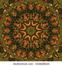 Seamless tracery tile mehndi design. Ethnic ornament, colorful doodle symmetry texture. Folk traditional spiritual tribal design. Curved doodling motif. Color art. Vector