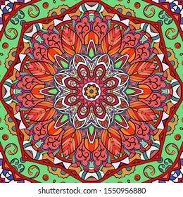 Seamless tracery tile mehndi design. Ethnic ornament, colorful doodle symmetry texture. Folk traditional spiritual tribal design. Curved doodling motif. Color art. Vector