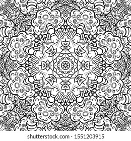 Seamless tracery tile mehndi design. Ethnic ornament, doodle symmetry texture. Folk traditional spiritual tribal design. Curved doodling motif. Binary monochrome black and white art. Vector