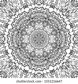 Seamless tracery tile mehndi design. Ethnic ornament, doodle symmetry texture. Folk traditional spiritual tribal design. Curved doodling motif. Binary monochrome black and white art. Vector