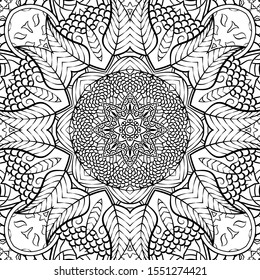 Seamless tracery tile mehndi design. Ethnic ornament, doodle symmetry texture. Folk traditional spiritual tribal design. Curved doodling motif. Binary monochrome black and white art. Vector