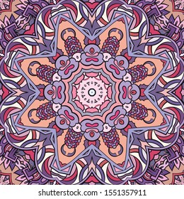 Seamless tracery tile mehndi design. Ethnic ornament, colorful doodle symmetry texture. Folk traditional spiritual tribal design. Curved doodling motif. Color art. Vector