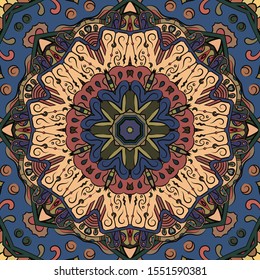 Seamless tracery tile mehndi design. Ethnic ornament, colorful doodle symmetry texture. Folk traditional spiritual tribal design. Curved doodling motif. Color art. Vector