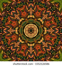 Seamless tracery tile mehndi design. Ethnic ornament, colorful doodle symmetry texture. Folk traditional spiritual tribal design. Curved doodling motif. Color art. Vector
