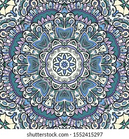 Seamless tracery tile mehndi design. Ethnic ornament, colorful doodle symmetry texture. Folk traditional spiritual tribal design. Curved doodling motif. Color art. Vector