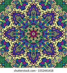 Seamless tracery tile mehndi design. Ethnic ornament, colorful doodle symmetry texture. Folk traditional spiritual tribal design. Curved doodling motif. Color art. Vector