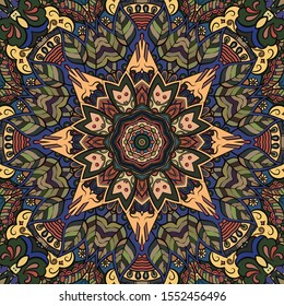 Seamless tracery tile mehndi design. Ethnic ornament, colorful doodle symmetry texture. Folk traditional spiritual tribal design. Curved doodling motif. Color art. Vector