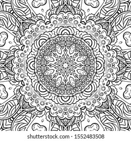 Seamless tracery tile mehndi design. Ethnic ornament, doodle symmetry texture. Folk traditional spiritual tribal design. Curved doodling motif. Binary monochrome black and white art. Vector