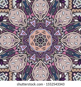 Seamless tracery tile mehndi design. Ethnic ornament, colorful doodle symmetry texture. Folk traditional spiritual tribal design. Curved doodling motif. Color art. Vector