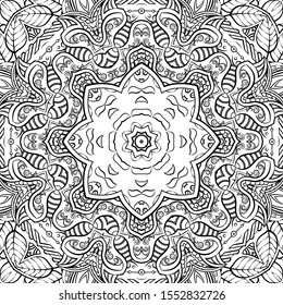 Seamless tracery tile mehndi design. Ethnic ornament, doodle symmetry texture. Folk traditional spiritual tribal design. Curved doodling motif. Binary monochrome black and white art. Vector