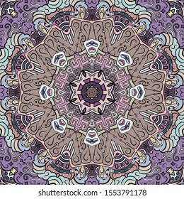 Seamless tracery tile mehndi design. Ethnic ornament, colorful doodle symmetry texture. Folk traditional spiritual tribal design. Curved doodling motif. Color art. Vector