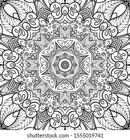 Seamless tracery tile mehndi design. Ethnic ornament, doodle symmetry texture. Folk traditional spiritual tribal design. Curved doodling motif. Binary monochrome black and white art. Vector