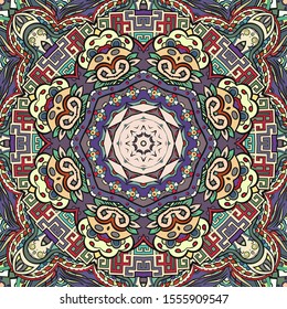 Seamless tracery tile mehndi design. Ethnic ornament, colorful doodle symmetry texture. Folk traditional spiritual tribal design. Curved doodling motif. Color art. Vector
