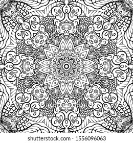 Seamless tracery tile mehndi design. Ethnic ornament, doodle symmetry texture. Folk traditional spiritual tribal design. Curved doodling motif. Binary monochrome black and white art. Vector