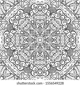 Seamless tracery tile mehndi design. Ethnic ornament, doodle symmetry texture. Folk traditional spiritual tribal design. Curved doodling motif. Binary monochrome black and white art. Vector