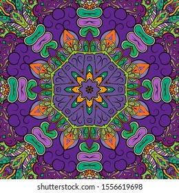 Seamless tracery tile mehndi design. Ethnic ornament, colorful doodle symmetry texture. Folk traditional spiritual tribal design. Curved doodling motif. Color art. Vector