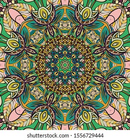 Seamless tracery tile mehndi design. Ethnic ornament, colorful doodle symmetry texture. Folk traditional spiritual tribal design. Curved doodling motif. Color art. Vector