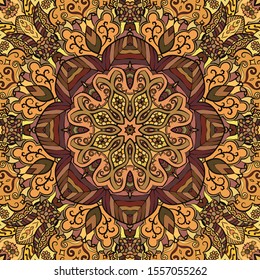 Seamless tracery tile mehndi design. Ethnic ornament, colorful doodle symmetry texture. Folk traditional spiritual tribal design. Curved doodling motif. Color art. Vector