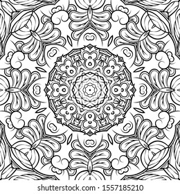 Seamless tracery tile mehndi design. Ethnic ornament, doodle symmetry texture. Folk traditional spiritual tribal design. Curved doodling motif. Binary monochrome black and white art. Vector