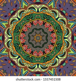 Seamless tracery tile mehndi design. Ethnic ornament, colorful doodle symmetry texture. Folk traditional spiritual tribal design. Curved doodling motif. Color art. Vector