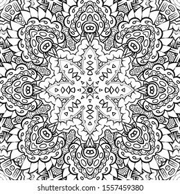 Seamless tracery tile mehndi design. Ethnic ornament, doodle symmetry texture. Folk traditional spiritual tribal design. Curved doodling motif. Binary monochrome black and white art. Vector